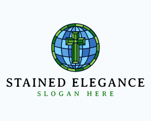 Globe Cross Stained Glass logo design