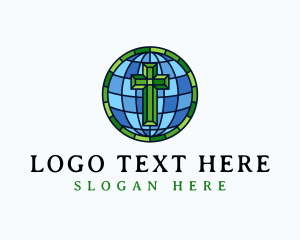 Christian - Globe Cross Stained Glass logo design