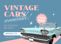 Vintage Cars Available Postcard Image Preview