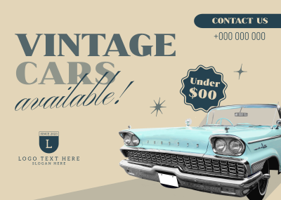Vintage Cars Available Postcard Image Preview