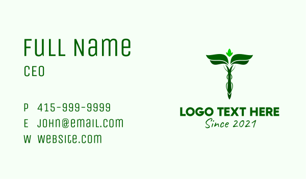 Green Herbal Caduceus Business Card Design