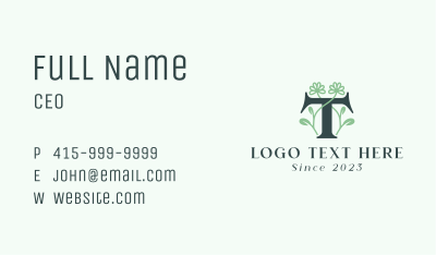Green Floral Letter T Business Card Image Preview