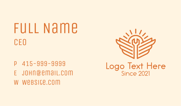 Orange Wrench Wings Outline Business Card Design